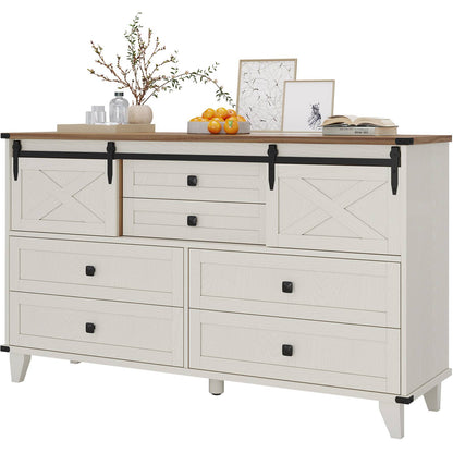 Hasuit | 55.1 Inch Farmhouse 6 Drawer Dresser for Bedroom Retro Chest of Drawers with Sliding Barn Door