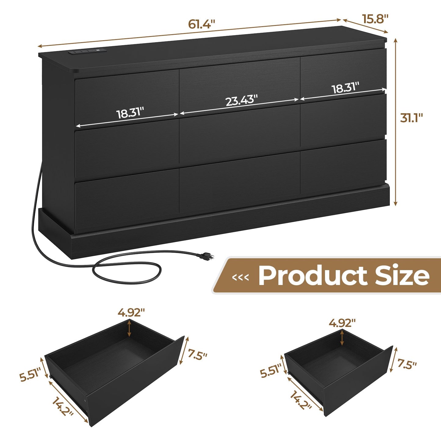 Hasuit | 61.7 Inch Modern Black Dresser with 9 Drawers Wide Dressers with Large Capacity Storage for Bedroom TV Stand with Power Outlets