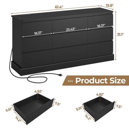 Hasuit | 61.7 Inch Modern Black Dresser with 9 Drawers Wide Dressers with Large Capacity Storage for Bedroom TV Stand with Power Outlets