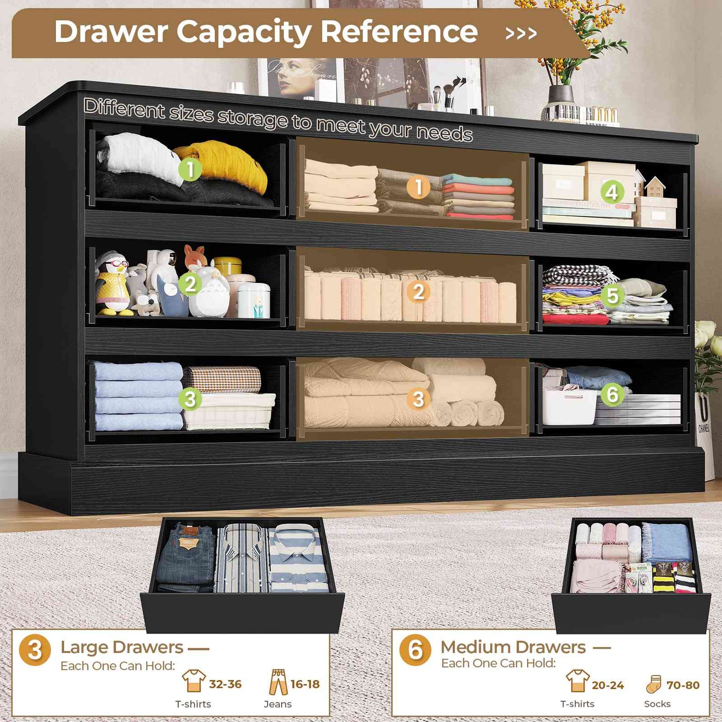 Hasuit | 61.7 Inch Modern Black Dresser with 9 Drawers Wide Dressers with Large Capacity Storage for Bedroom TV Stand with Power Outlets
