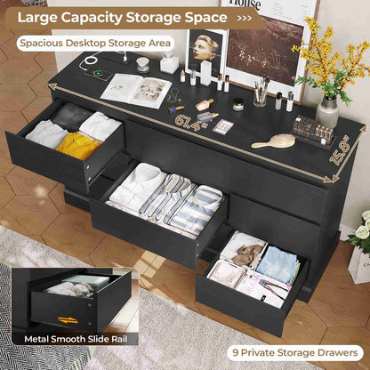 Hasuit | 61.7 Inch Modern Black Dresser with 9 Drawers Wide Dressers with Large Capacity Storage for Bedroom TV Stand with Power Outlets