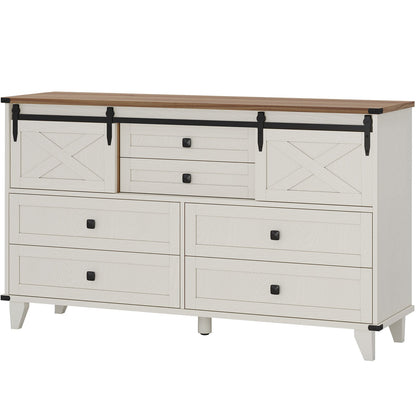 Hasuit | 55.1 Inch Farmhouse 6 Drawer Dresser for Bedroom Retro Chest of Drawers with Sliding Barn Door
