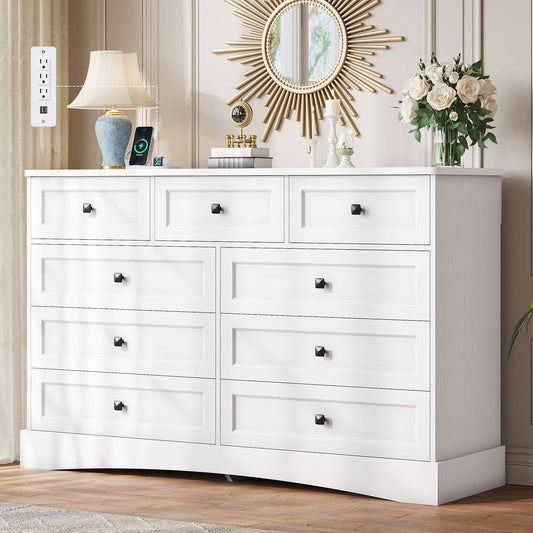 Hasuit | 51.2 Inch Dresser with 9 Drawers Large Farmhouse Drawer Dressers with Charging Station Wooden Storage Tower Organizer for Bedroom White