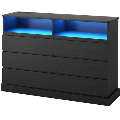 Hasuit | 51.2 Inch Dresser for Bedroom with LED Lights and Charging Station Long Modern Dressers Chest of Drawer with Open Space and 6 Drawer