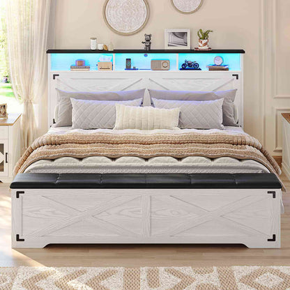 Hasuit | Queen Size Bed Frame with Storage Ottoman Farmhouse Bed Frame with Charging Station and Led Light Headboard with Storage Rack