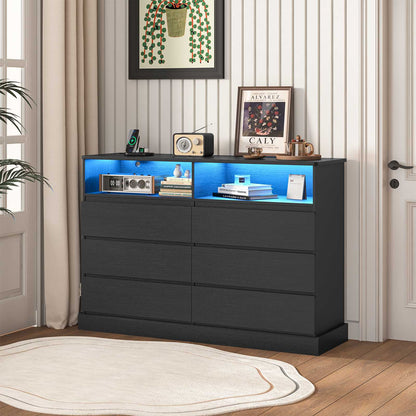 Hasuit | 51.2 Inch Dresser for Bedroom with LED Lights and Charging Station Long Modern Dressers Chest of Drawer with Open Space and 6 Drawer