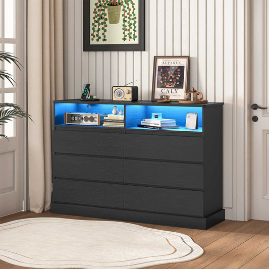 Hasuit | 51.2 Inch Dresser for Bedroom with LED Lights and Charging Station Long Modern Dressers Chest of Drawer with Open Space and 6 Drawer