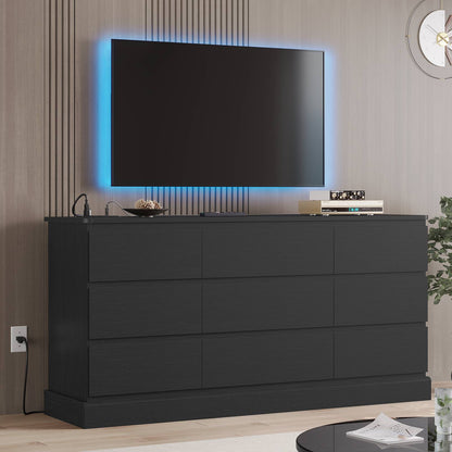 Hasuit | 61.7 Inch Modern Black Dresser with 9 Drawers Wide Dressers with Large Capacity Storage for Bedroom TV Stand with Power Outlets