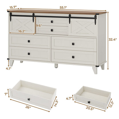 Hasuit | 55.1 Inch Farmhouse 6 Drawer Dresser for Bedroom Retro Chest of Drawers with Sliding Barn Door
