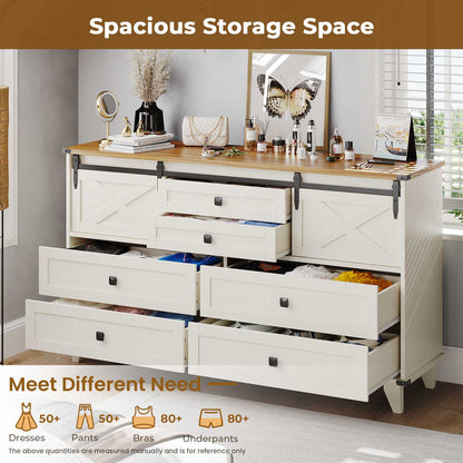 Hasuit | 55.1 Inch Farmhouse 6 Drawer Dresser for Bedroom Retro Chest of Drawers with Sliding Barn Door