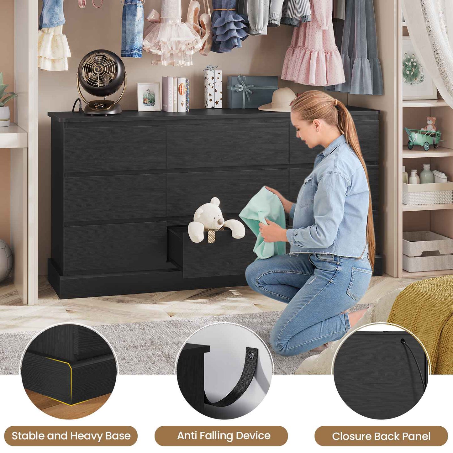 Hasuit | 61.7 Inch Modern Black Dresser with 9 Drawers Wide Dressers with Large Capacity Storage for Bedroom TV Stand with Power Outlets