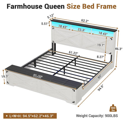 Hasuit | Queen Size Bed Frame with Storage Ottoman Farmhouse Bed Frame with Charging Station and Led Light Headboard with Storage Rack