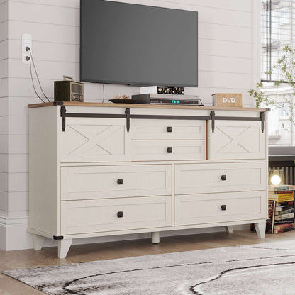 Hasuit | 55.1 Inch Farmhouse 6 Drawer Dresser for Bedroom Retro Chest of Drawers with Sliding Barn Door
