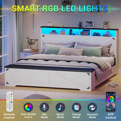 Hasuit | Queen Size Bed Frame with Storage Ottoman Farmhouse Bed Frame with Charging Station and Led Light Headboard with Storage Rack
