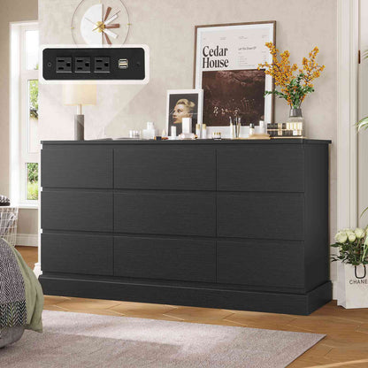 Hasuit | 61.7 Inch Modern Black Dresser with 9 Drawers Wide Dressers with Large Capacity Storage for Bedroom TV Stand with Power Outlets