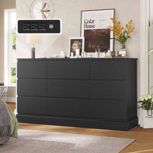 Hasuit | 61.7 Inch Modern Black Dresser with 9 Drawers Wide Dressers with Large Capacity Storage for Bedroom TV Stand with Power Outlets