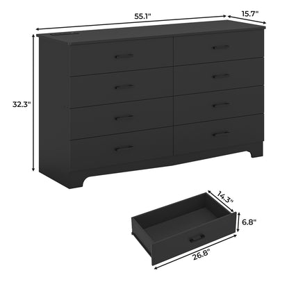 Hasuit | 55.1 Inch Dresser for Bedroom with 8 Drawer Large Chest of Drawers with Charging Station Wide Storage Clothes Closet Organizer TV Stand