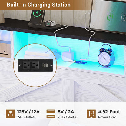 Hasuit | Queen Size Bed Frame with Storage Ottoman Farmhouse Bed Frame with Charging Station and Led Light Headboard with Storage Rack