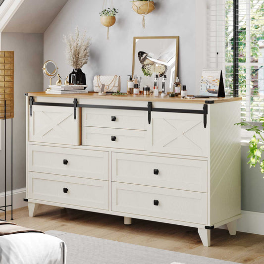Hasuit | 55.1 Inch Farmhouse 6 Drawer Dresser for Bedroom Retro Chest of Drawers with Sliding Barn Door