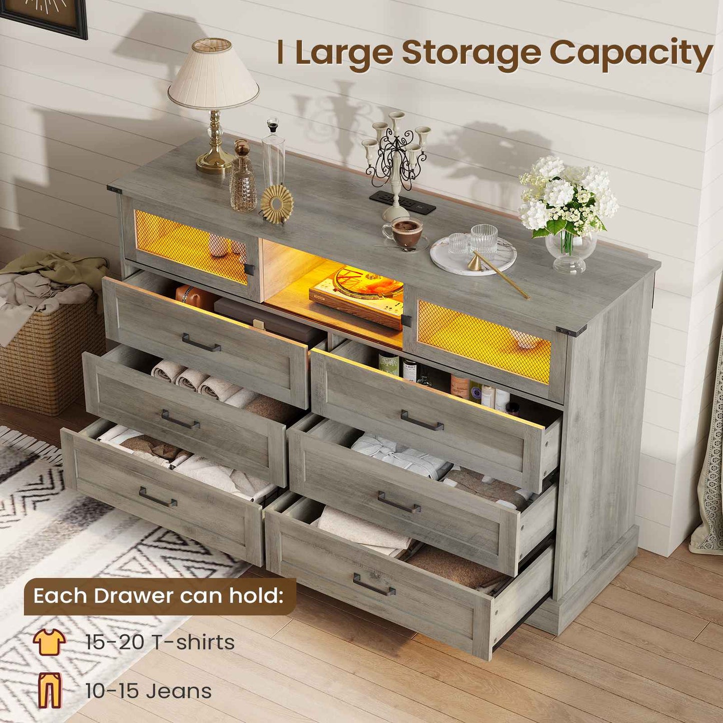 Hasuit | 47.2 Inch 6 Drawer Dresser with LED Lights and Charging Station Farmhouse Chest of Drawers Closet Organizer, Clothes Storage Cabinet