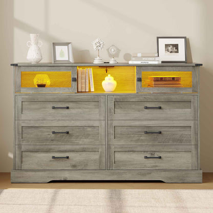 Hasuit | 47.2 Inch 6 Drawer Dresser with LED Lights and Charging Station Farmhouse Chest of Drawers Closet Organizer, Clothes Storage Cabinet