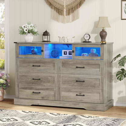 Hasuit | 47.2 Inch 6 Drawer Dresser with LED Lights and Charging Station Farmhouse Chest of Drawers Closet Organizer, Clothes Storage Cabinet