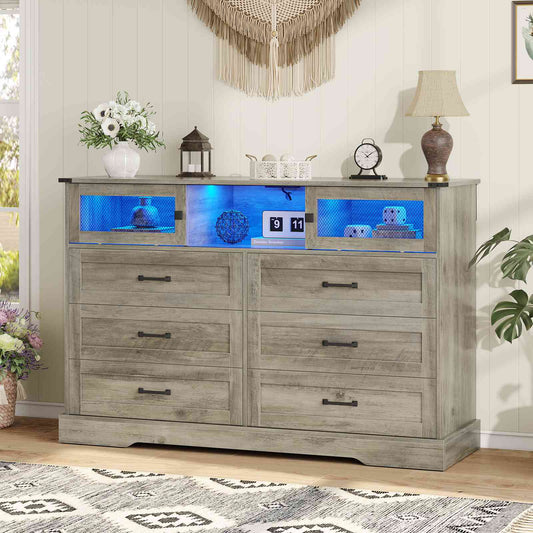 Hasuit | 47.2 Inch 6 Drawer Dresser with LED Lights and Charging Station Farmhouse Chest of Drawers Closet Organizer Clothes Storage Cabinet
