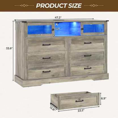 Hasuit | 47.2 Inch 6 Drawer Dresser with LED Lights and Charging Station Farmhouse Chest of Drawers Closet Organizer, Clothes Storage Cabinet