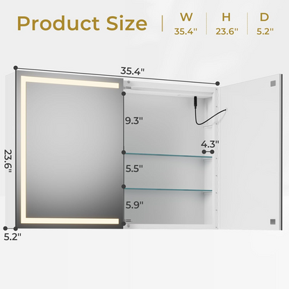 Hasuit | Lighted Medicine Cabinet with Mirror Wall Mounted Bathroom Mirror with Storage and LED Lights 35.4'' x 23.6''