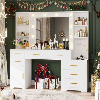Hasuit | 48.8 Inch Large Vanity Desk with Lighted Mirror & Power Outlet White Makeup Vanity Table with 6 Drawers 4 Shelves and 1 Storage Cabinet