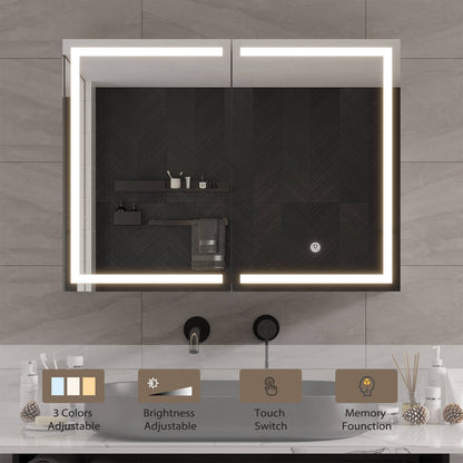 Hasuit | Lighted Medicine Cabinet with Mirror 2 Doors Wall Mounted Bathroom Mirror with Storage 31.5'' x 23.6''