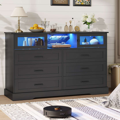 Hasuit | 47.2 Inch 6 Drawer Dresser with LED Lights and Charging Station Farmhouse Chest of Drawers Closet Organizer, Clothes Storage Cabinet