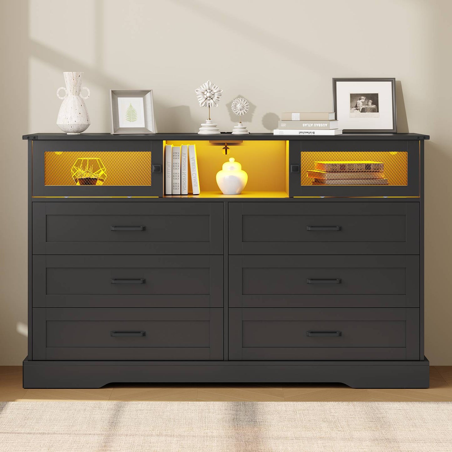 Hasuit | 47.2 Inch 6 Drawer Dresser with LED Lights and Charging Station Farmhouse Chest of Drawers Closet Organizer, Clothes Storage Cabinet