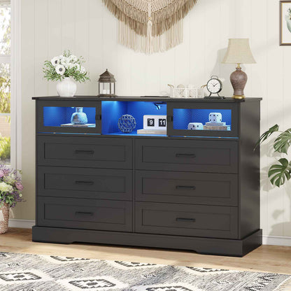 Hasuit | 47.2 Inch 6 Drawer Dresser with LED Lights and Charging Station Farmhouse Chest of Drawers Closet Organizer, Clothes Storage Cabinet
