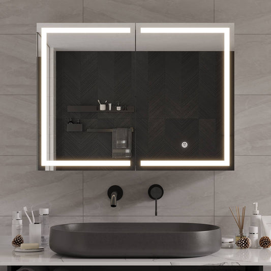 Hasuit | Lighted Medicine Cabinet with Mirror 2 Doors Wall Mounted Bathroom Mirror with Storage 31.5'' x 23.6''