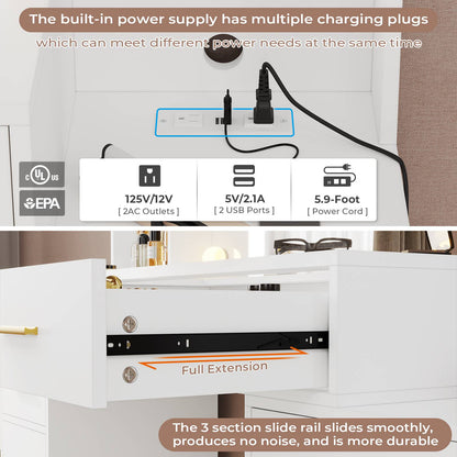 Hasuit | 48.8 Inch Large Vanity Desk with Lighted Mirror & Power Outlet White Makeup Vanity Table with 6 Drawers 4 Shelves and 1 Storage Cabinet