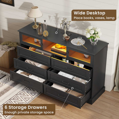Hasuit | 47.2 Inch 6 Drawer Dresser with LED Lights and Charging Station Farmhouse Chest of Drawers Closet Organizer, Clothes Storage Cabinet