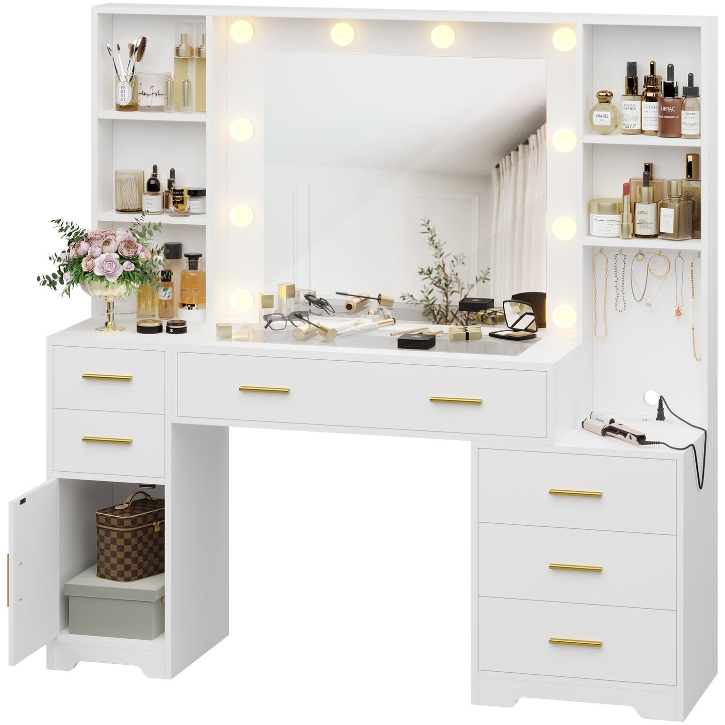 Hasuit | 48.8 Inch Large Vanity Desk with Lighted Mirror & Power Outlet White Makeup Vanity Table with 6 Drawers 4 Shelves and 1 Storage Cabinet