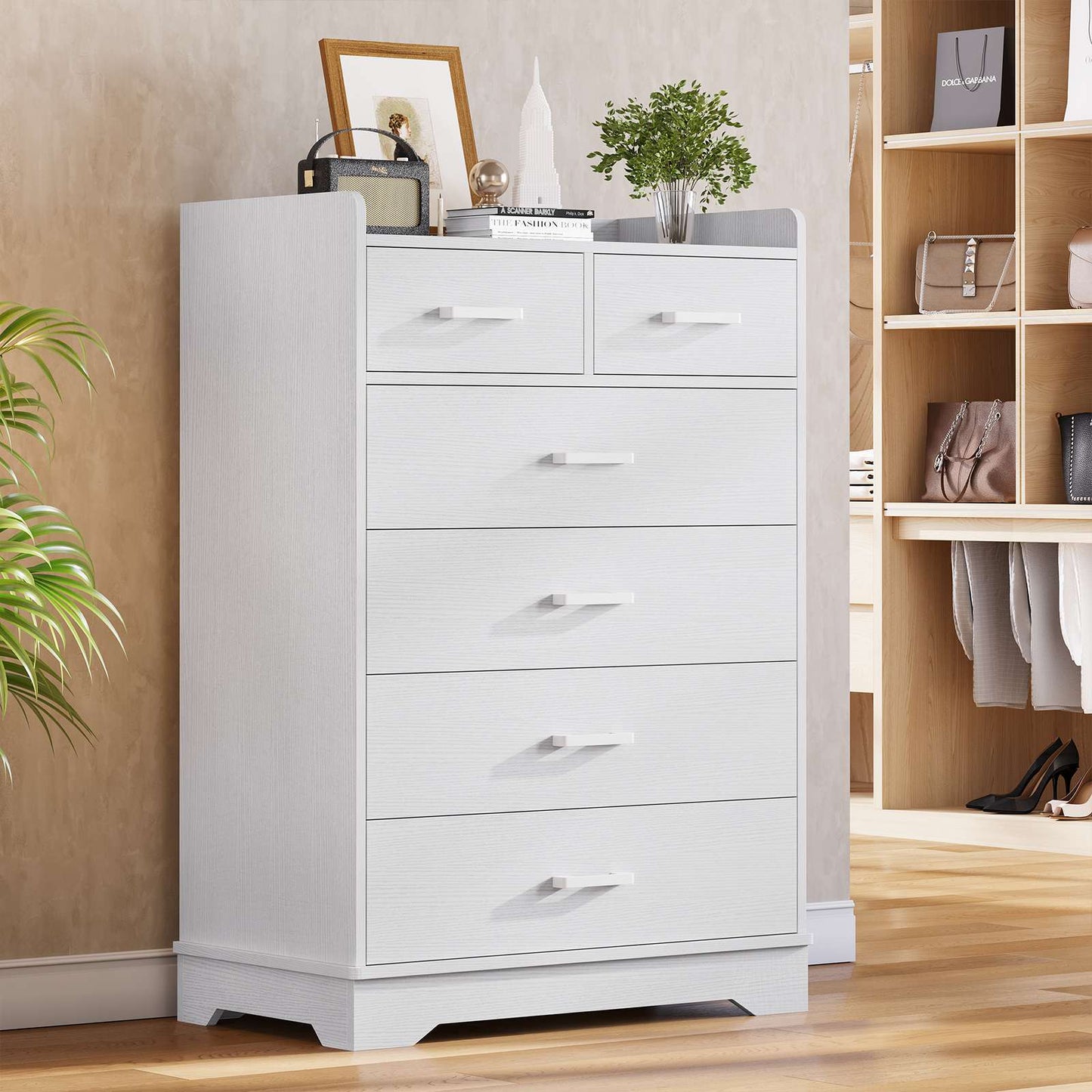 Hasuit | 26.6 Inch Dresser Wooden Storage Chest of 6 Drawers Vertical Large Capacity Clothing Storage Organizer Tall Dressers