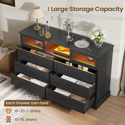 Hasuit | 47.2 Inch 6 Drawer Dresser with LED Lights and Charging Station Farmhouse Chest of Drawers Closet Organizer, Clothes Storage Cabinet