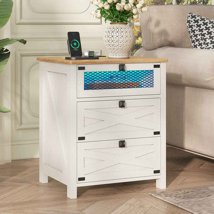 Hasuit | Night Stand with 3 Drawers Rustic Vintage Farmhouse White Nightstand with Charging Station and LED Lights