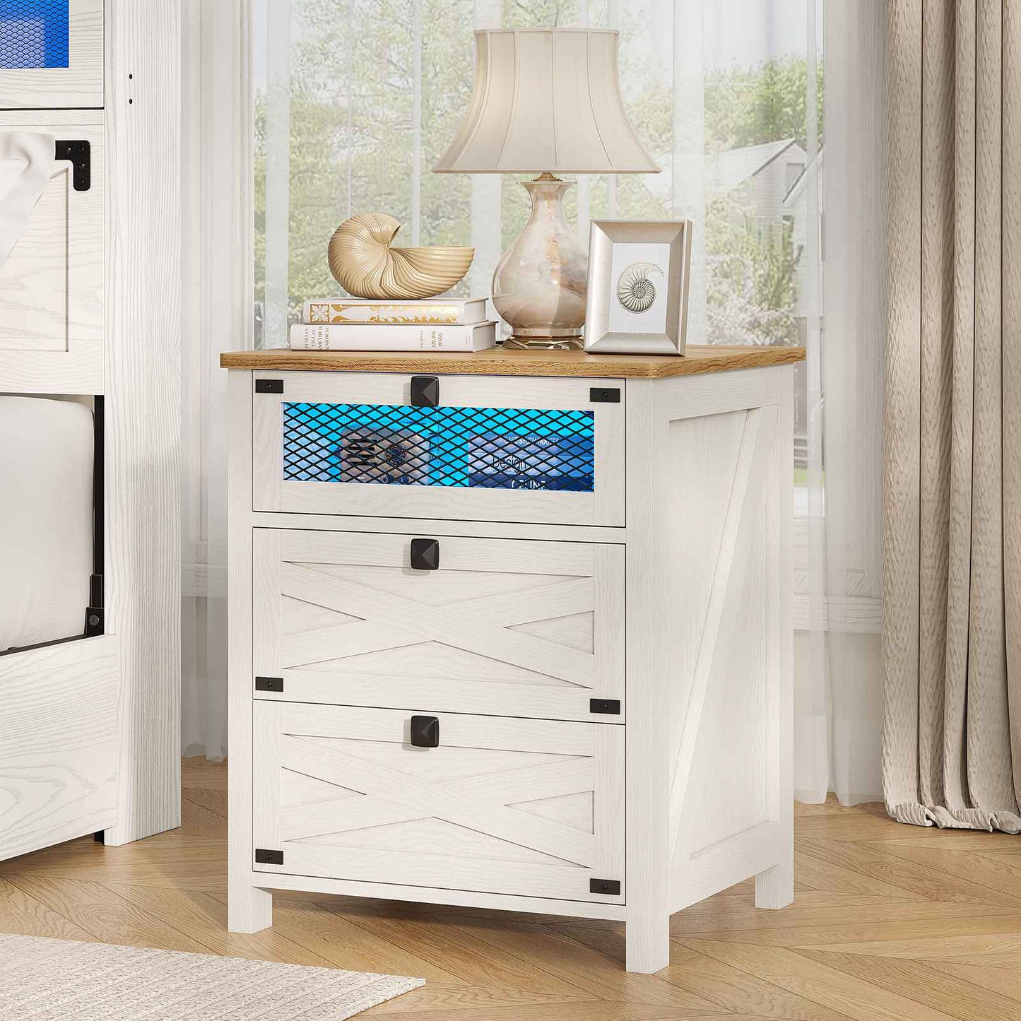 Hasuit | Night Stand with 3 Drawers Rustic Vintage Farmhouse White Nightstand with Charging Station and LED Lights