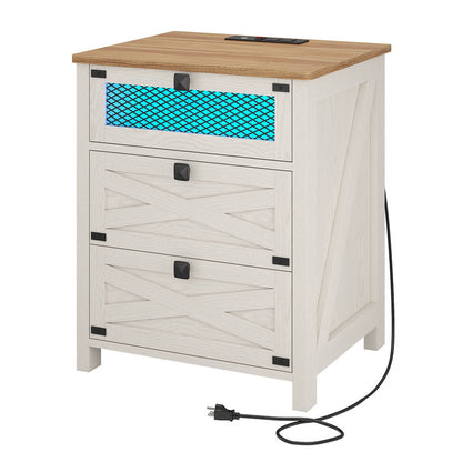 Hasuit | Night Stand with 3 Drawers Rustic Vintage Farmhouse White Nightstand with Charging Station and LED Lights