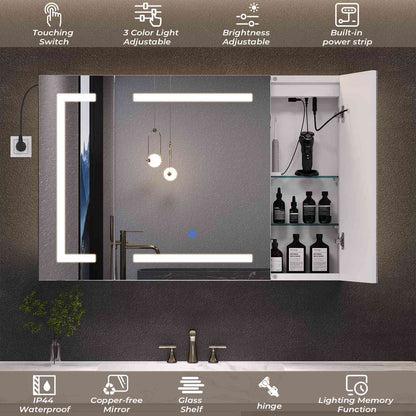 Hasuit | Lighted Medicine Cabinet with Mirror 3 Doors Wall Mounted Bathroom Mirror with Storage 39.4'' x 23.6''