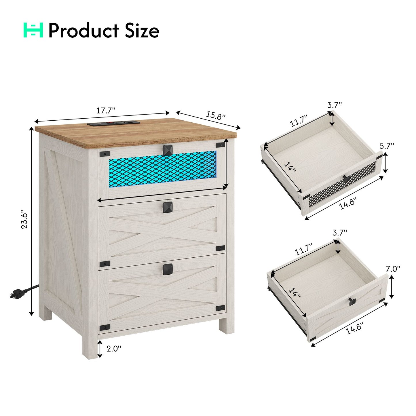 Hasuit | Night Stand with 3 Drawers Rustic Vintage Farmhouse White Nightstand with Charging Station and LED Lights