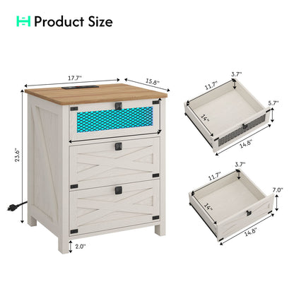 Hasuit | Night Stand with 3 Drawers Rustic Vintage Farmhouse White Nightstand with Charging Station and LED Lights