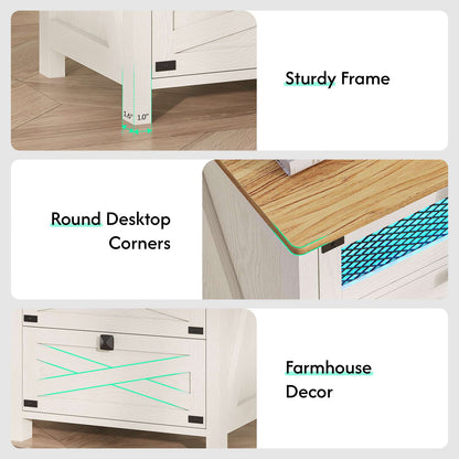 Hasuit | Night Stand with 3 Drawers Rustic Vintage Farmhouse White Nightstand with Charging Station and LED Lights