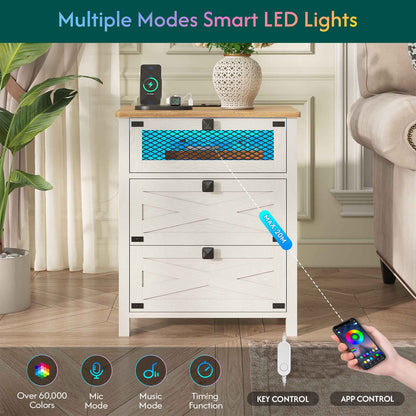 Hasuit | Night Stand with 3 Drawers Rustic Vintage Farmhouse White Nightstand with Charging Station and LED Lights