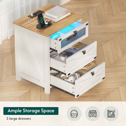 Hasuit | Night Stand with 3 Drawers Rustic Vintage Farmhouse White Nightstand with Charging Station and LED Lights