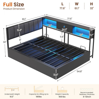 Hasuit | Corner Lift Up Storage Bed Frame with Charging Station & LED Lights Day Bed with Upholstered Headboard and Bookcase for Kids Teens Guests Black